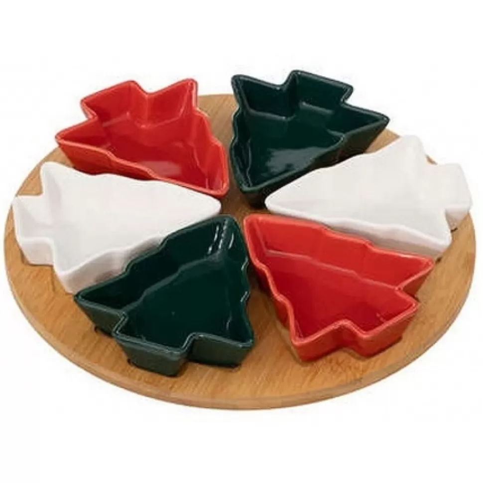Shop Coffret Aperitif Sapin Rouge Vert Blanc Bambou 6 Pieces Et Plateau Accessoires Et Décorations De Noël